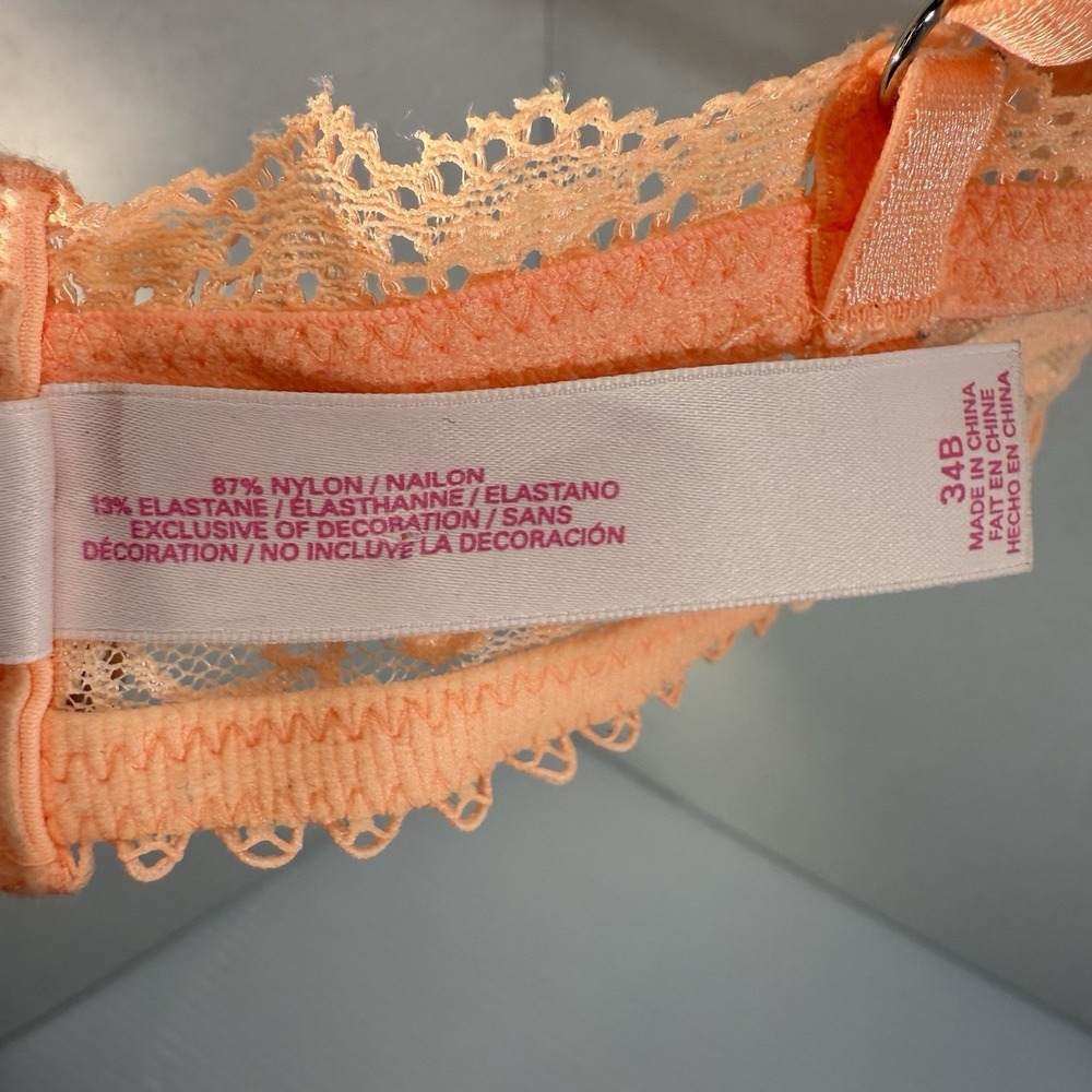 Victoria's Secret Unlined Lace Balconette Bra Apricot Peach Lace V Front 34B EUC - Picture 9 of 11